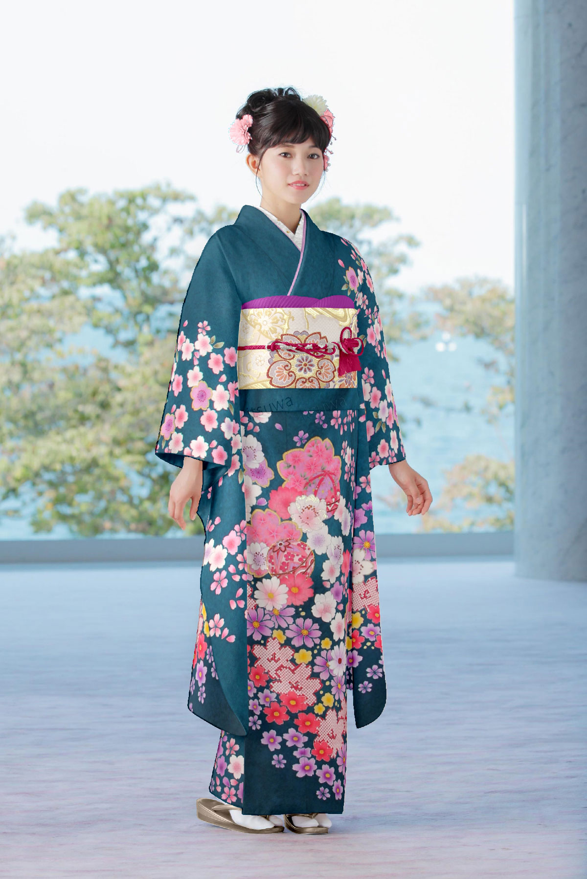 青緑　ピンクの桜