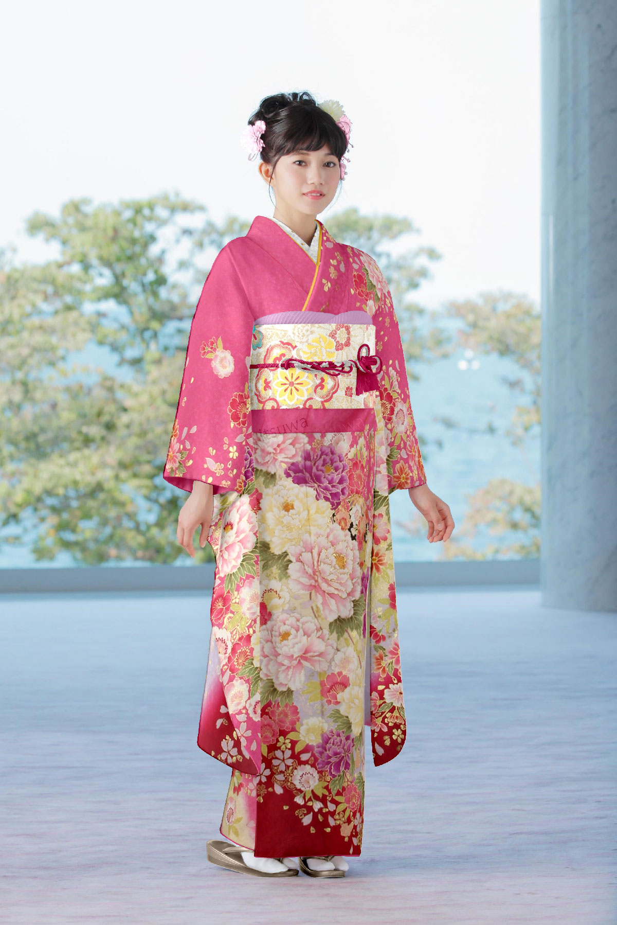 青みピンク　パステルの牡丹