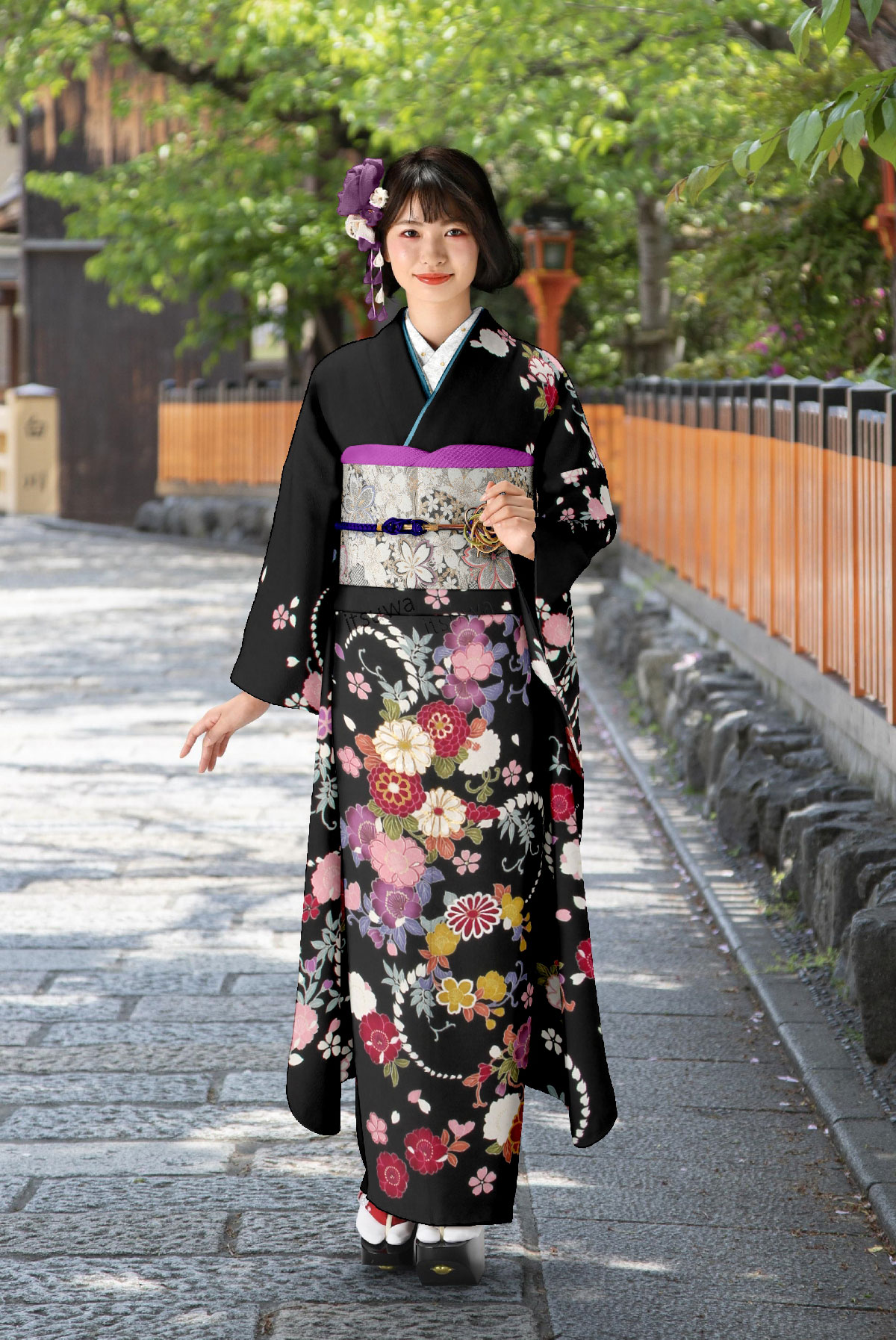 黒地　桜や丸菊