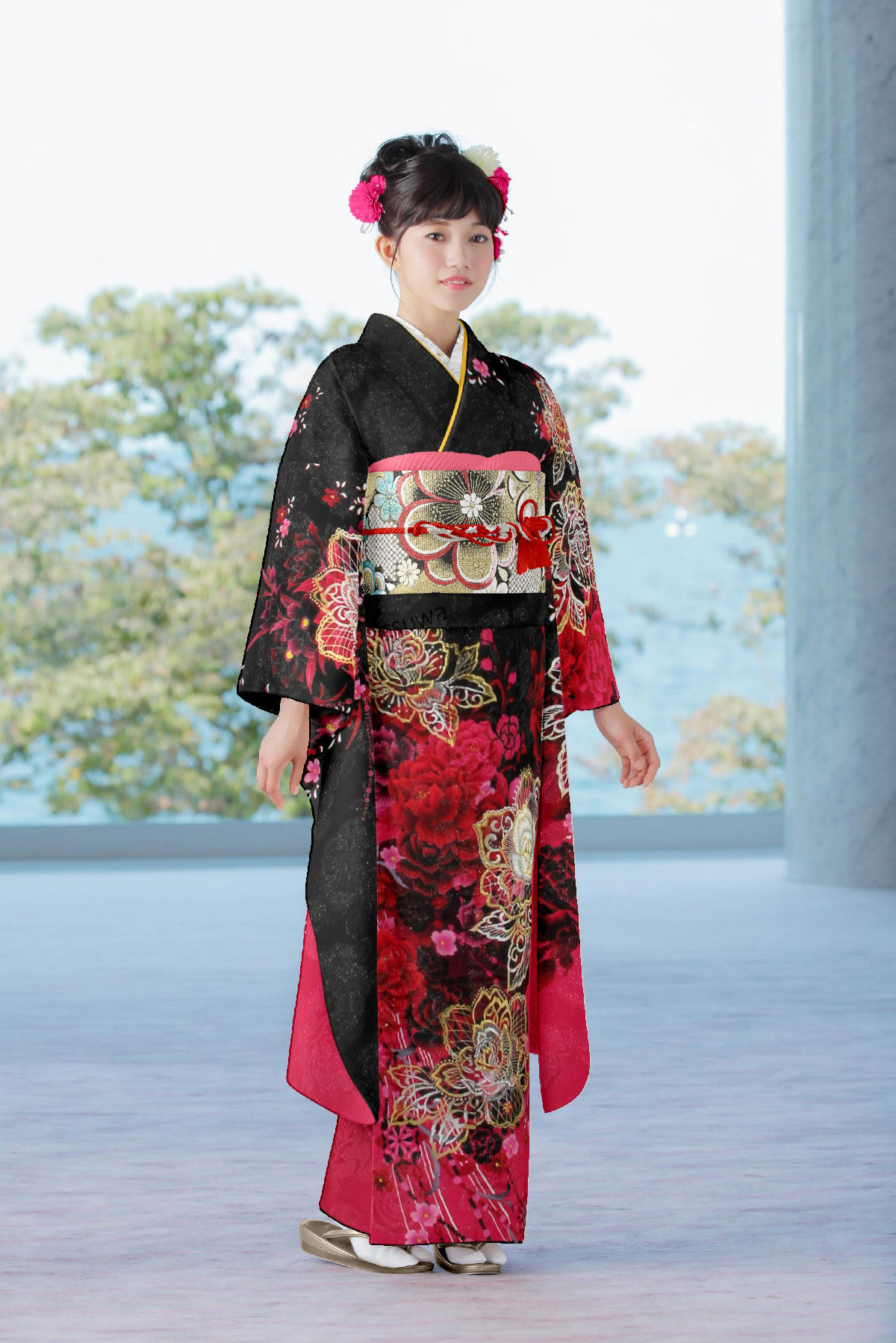 黒地　赤や金彩のバラ