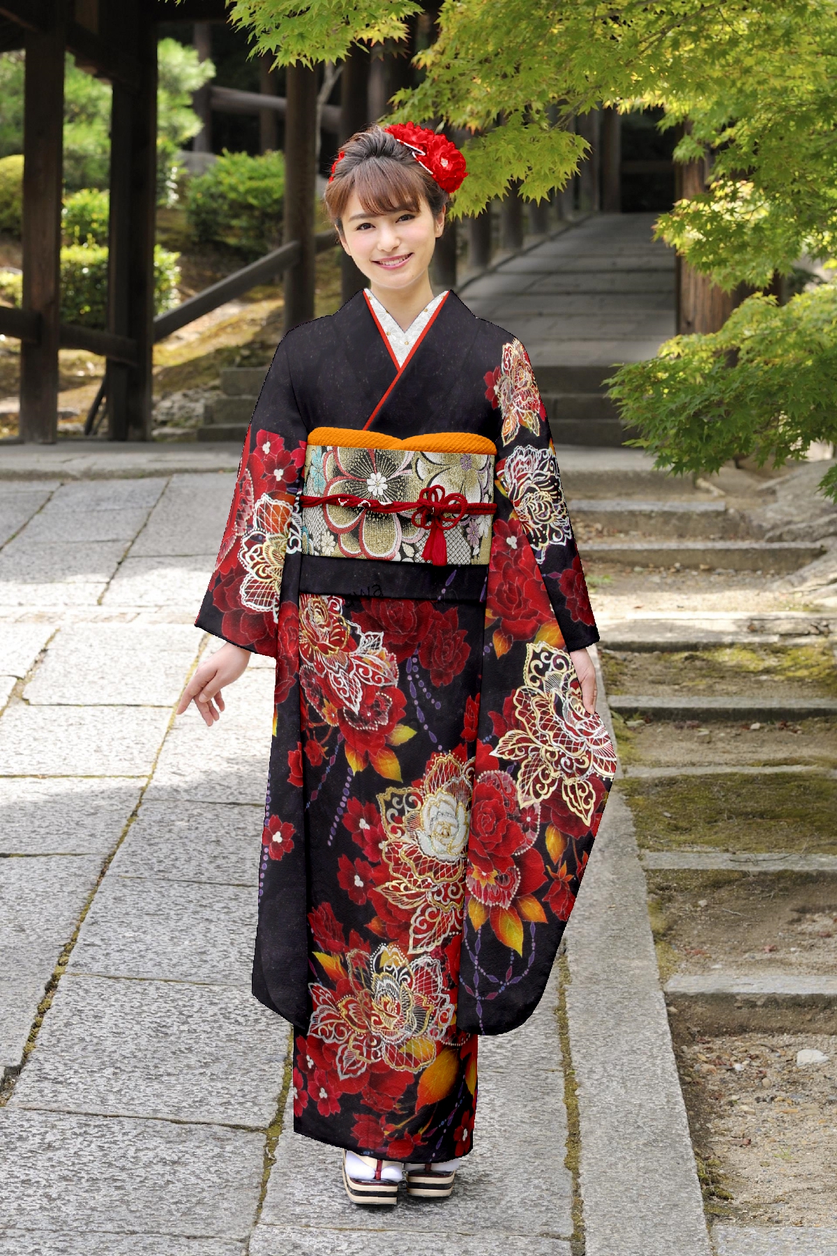 濃紫地　深紅のバラとパープルチェーン