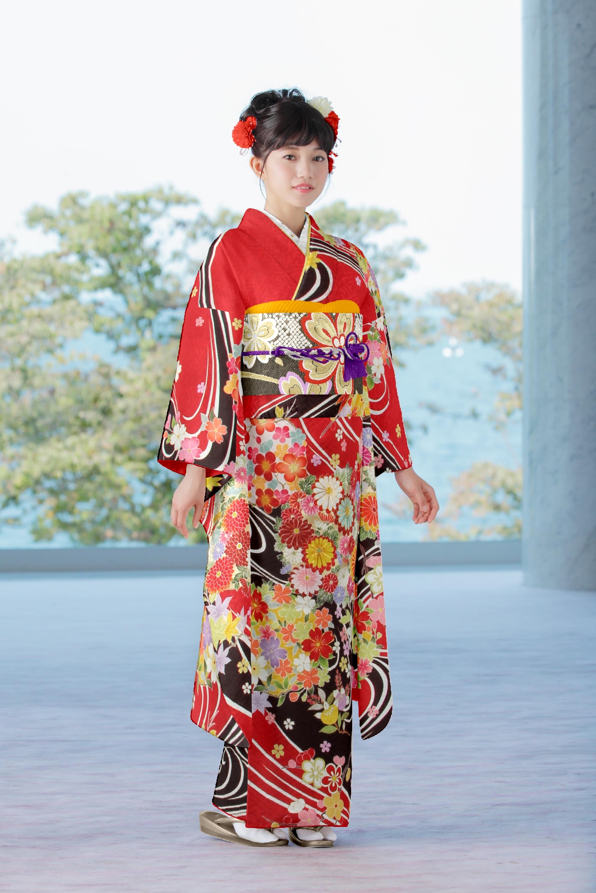 赤と黒　流水　四季の花