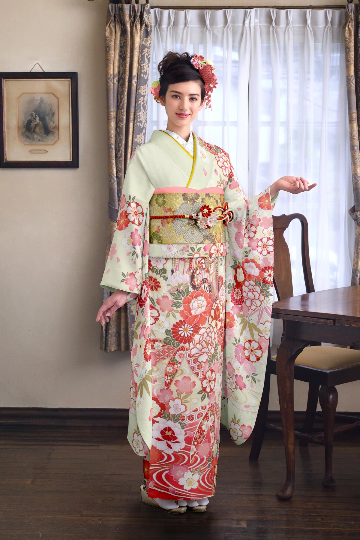 パステルライムグリーン　御所車と流水