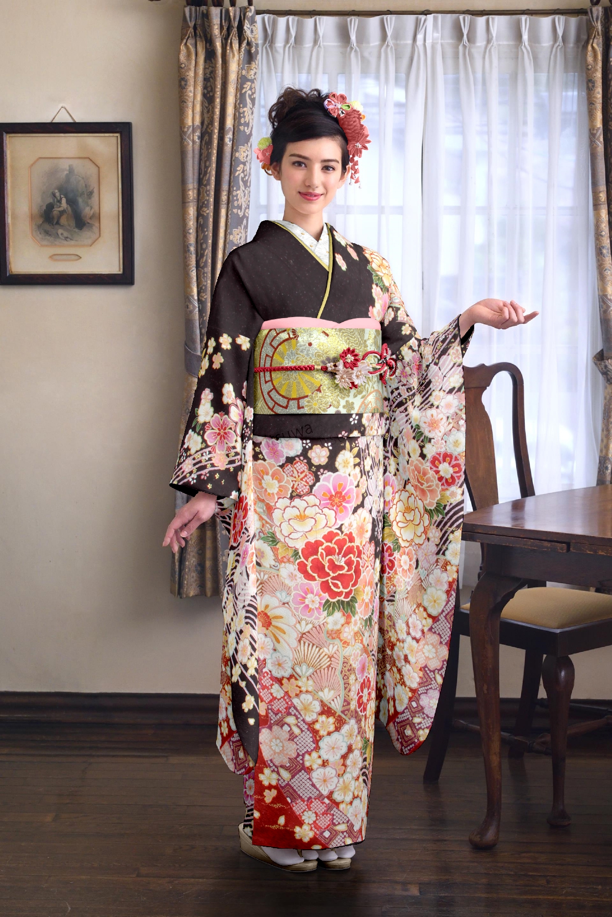 濃茶紫　牡丹と流水