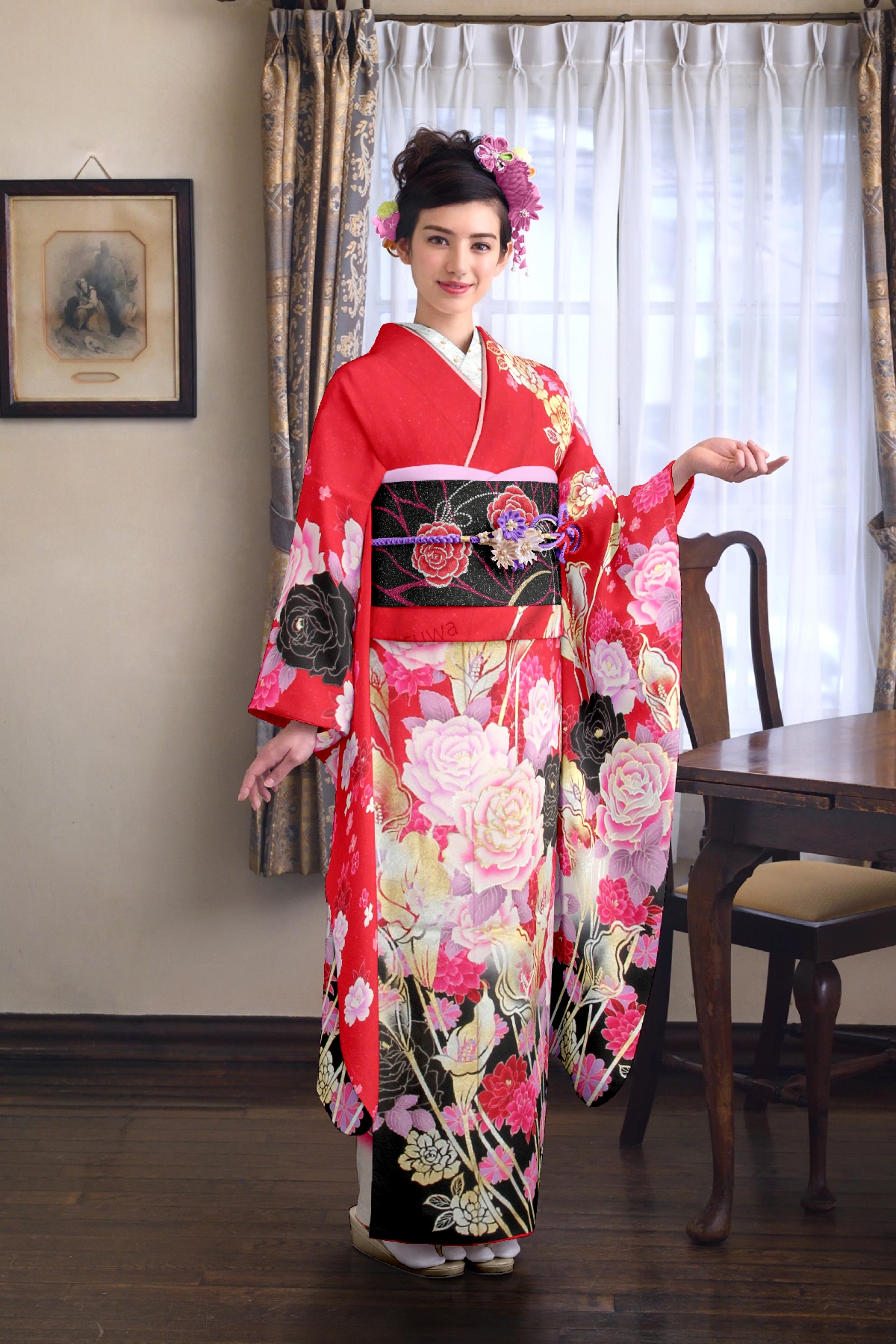 ビビットレッド　黒とピンクのバラ　金彩のユリ