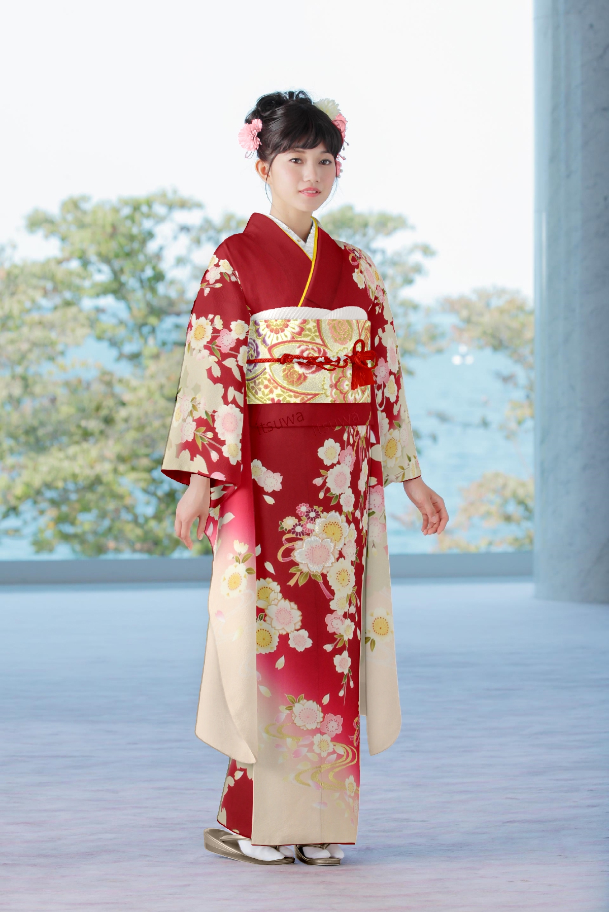 濃赤　白の八重桜と枝垂れ桜