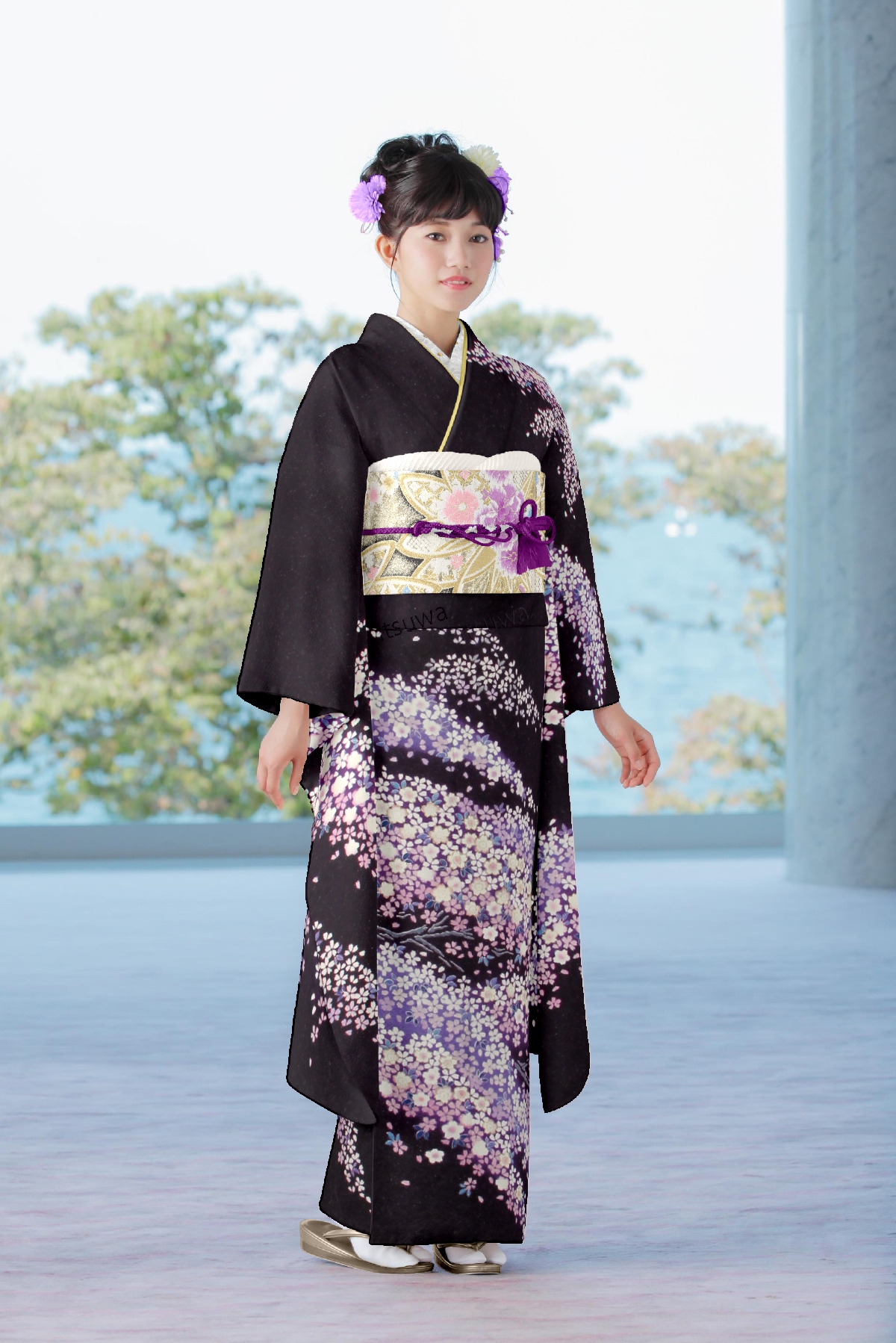 紺地に紫　枝垂れ桜