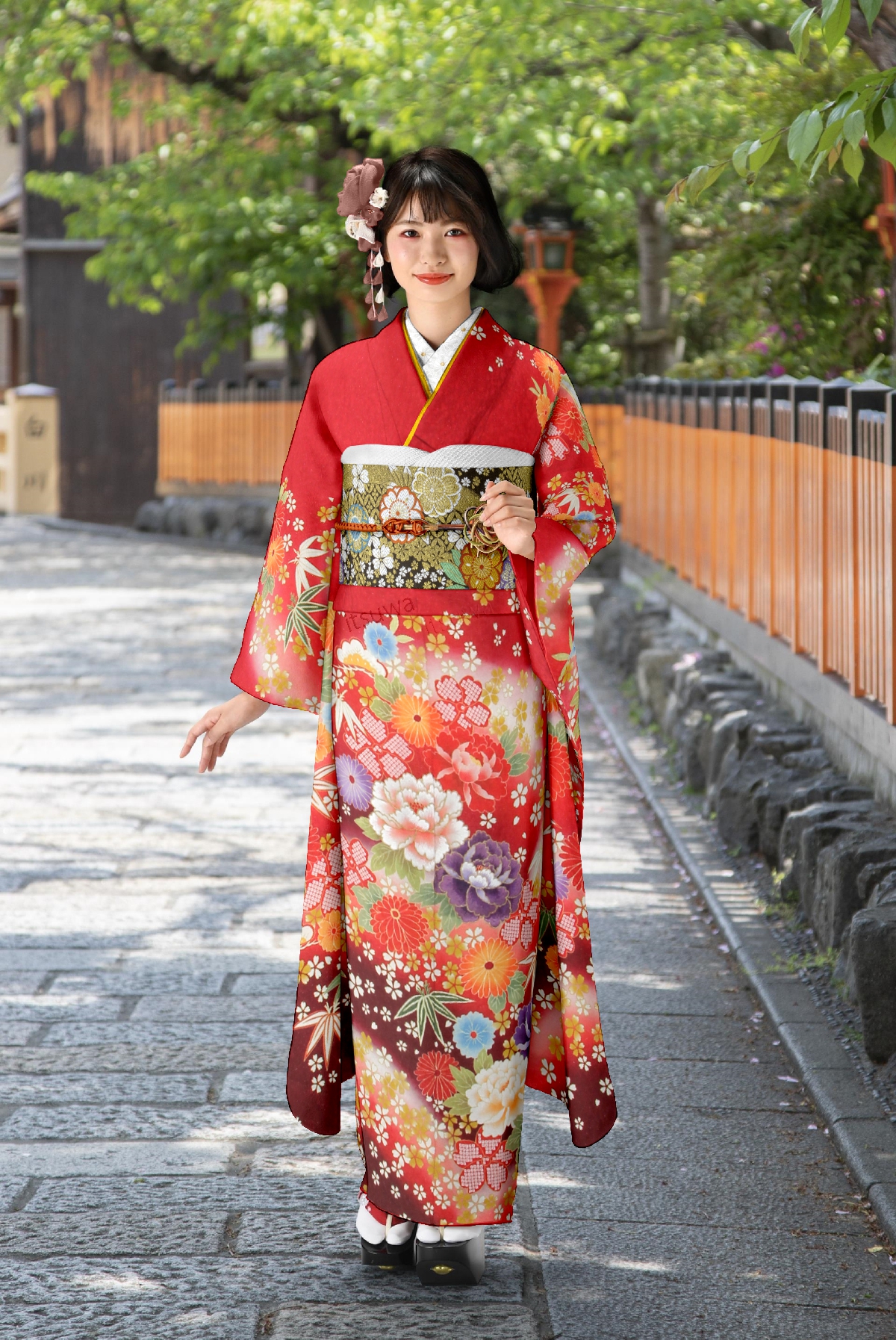 赤地に白染　牡丹と菊と小花