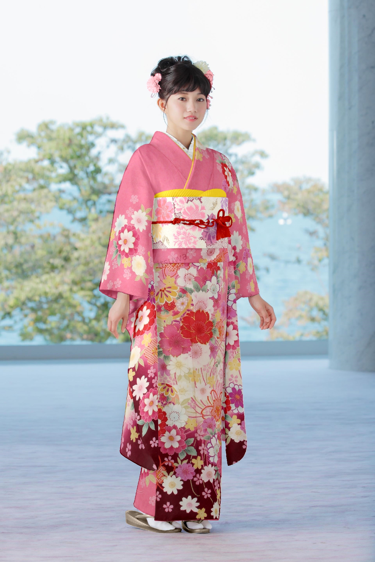 マゼンタピンク　手毬と八重桜