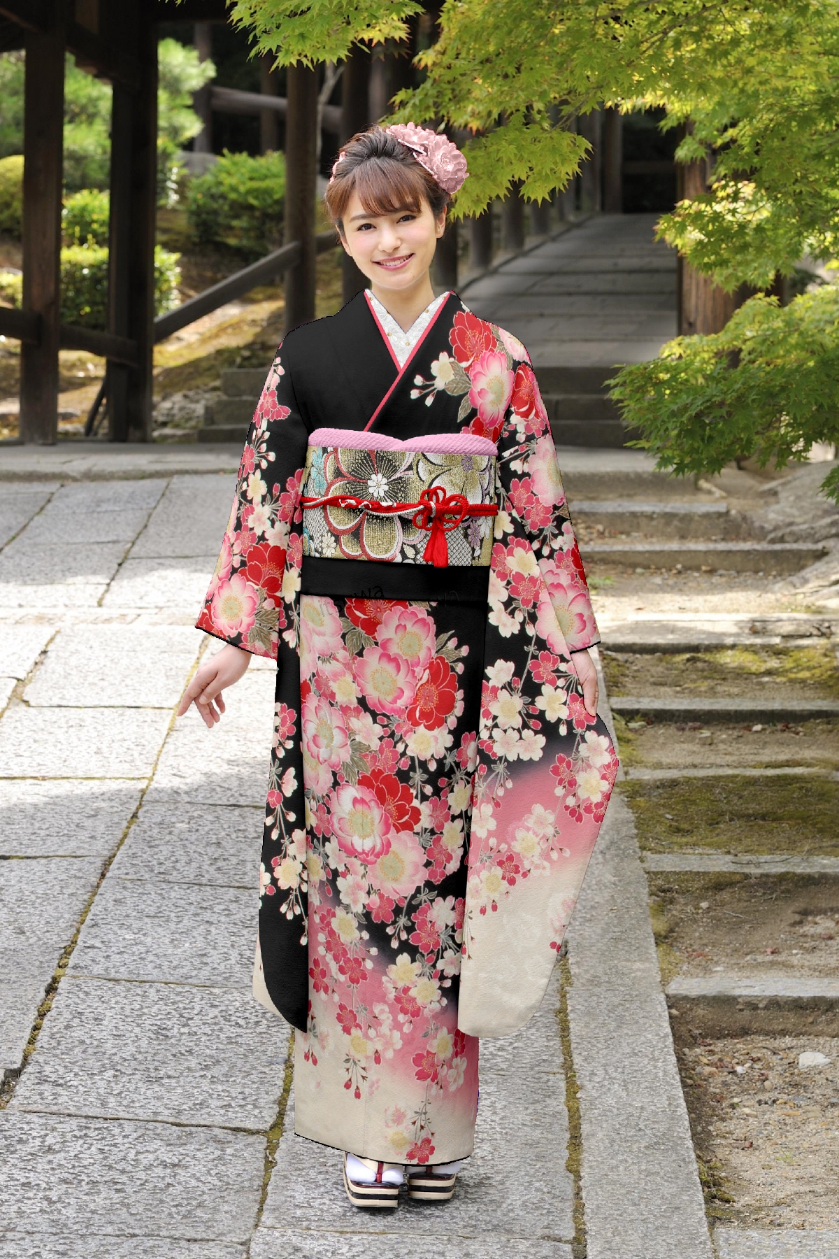 黒地　枝垂れ桜と八重桜