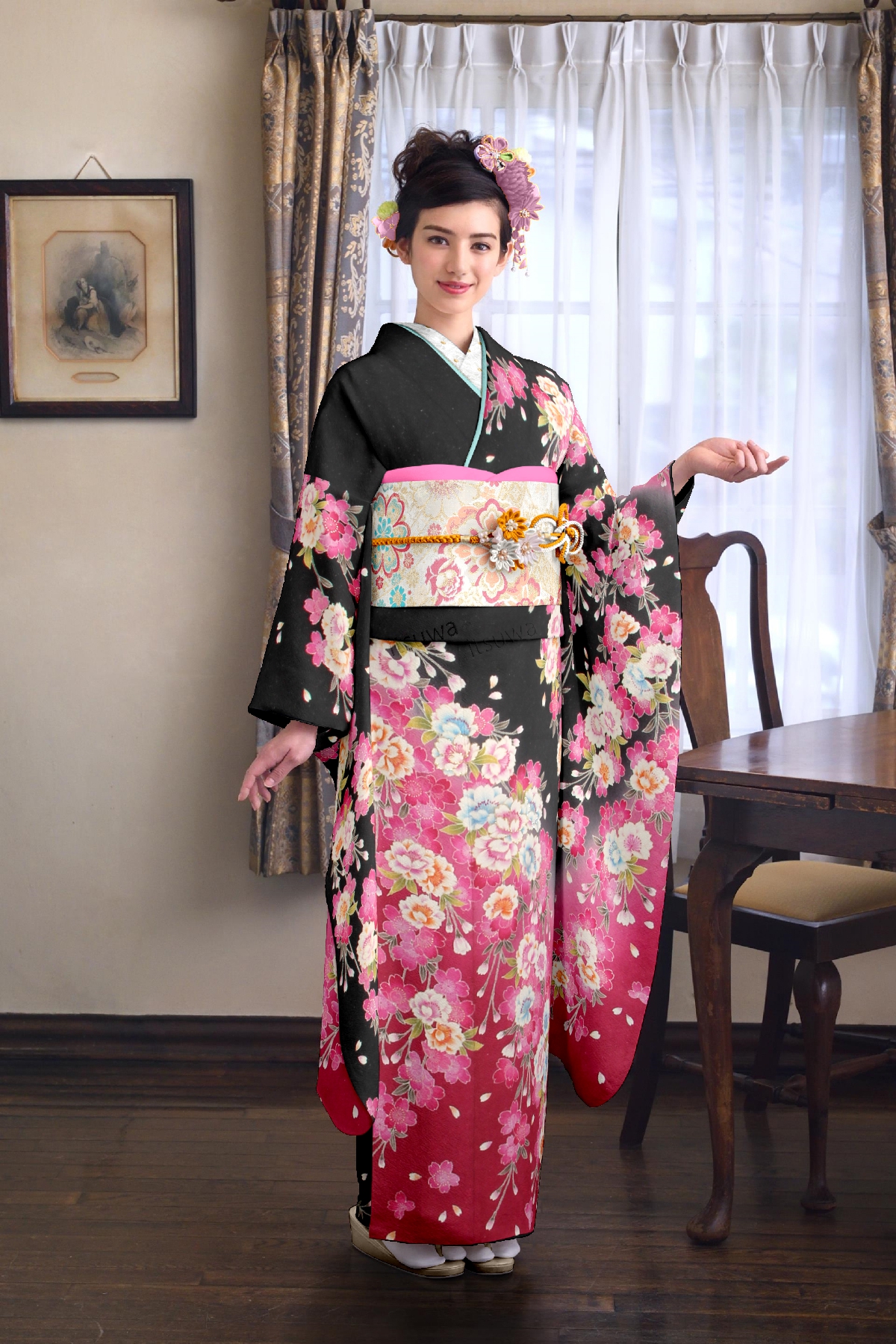 黒地に枝垂れ桜　桃・橙・水色