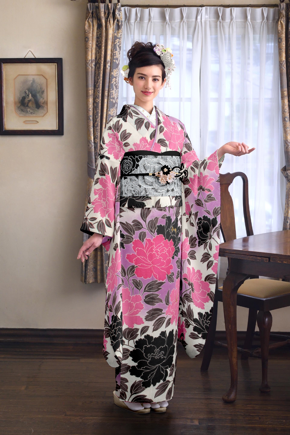 白　ピンクと黒の牡丹