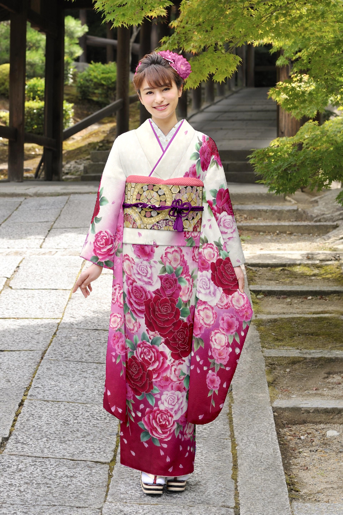 白と桃　紅バラ