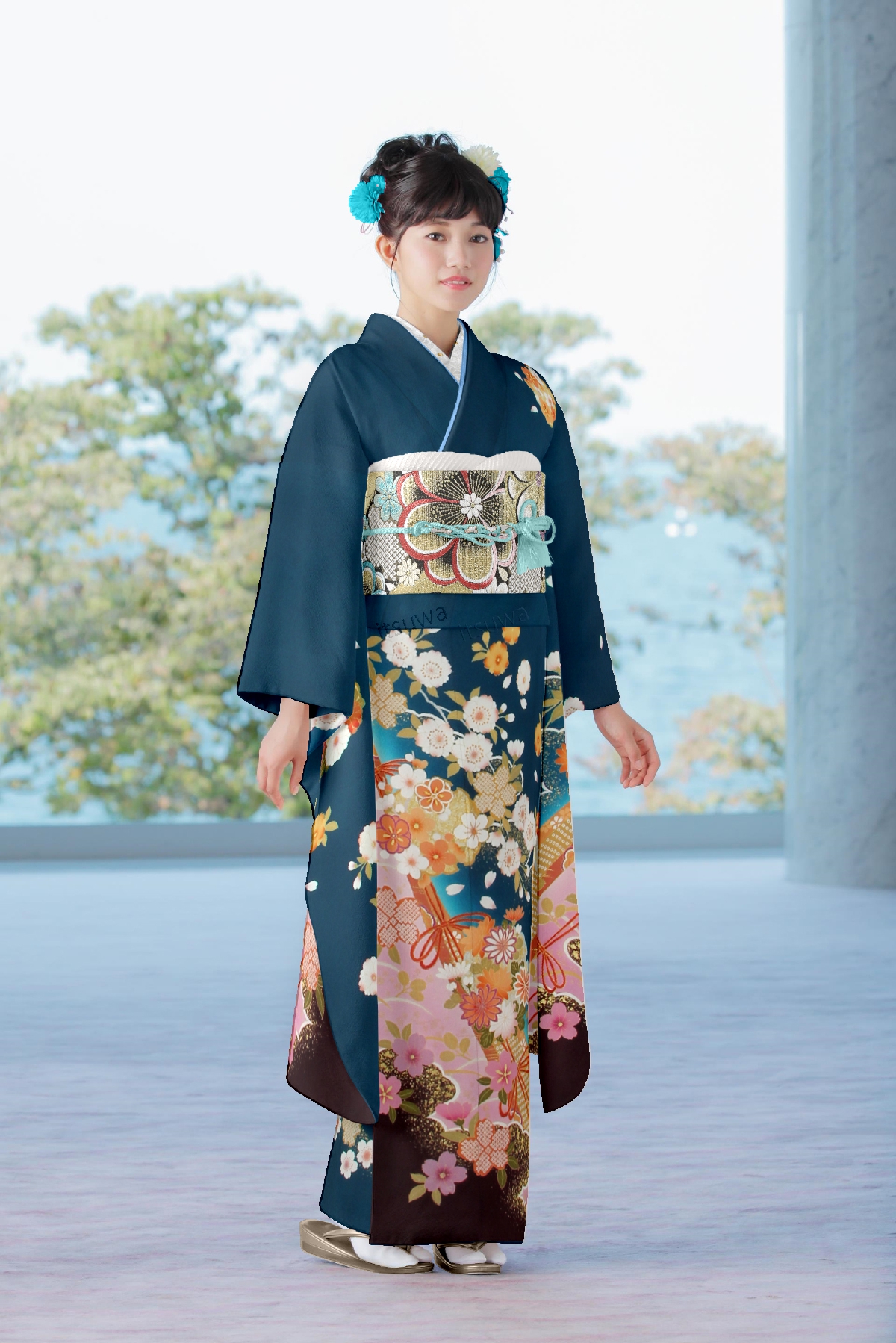 紺地　雲と枝垂れ桜