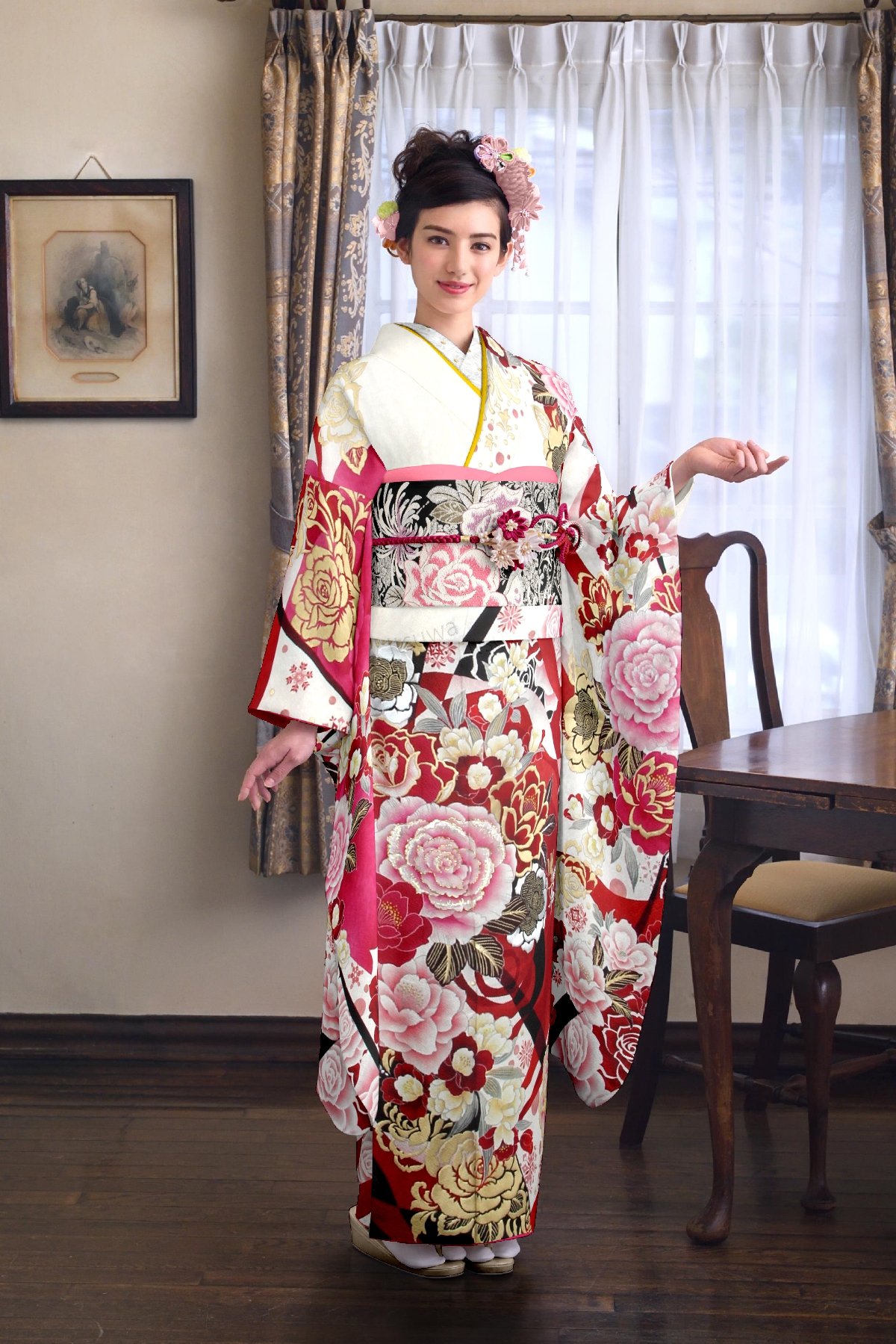 レッドとホワイト　バラに金彩