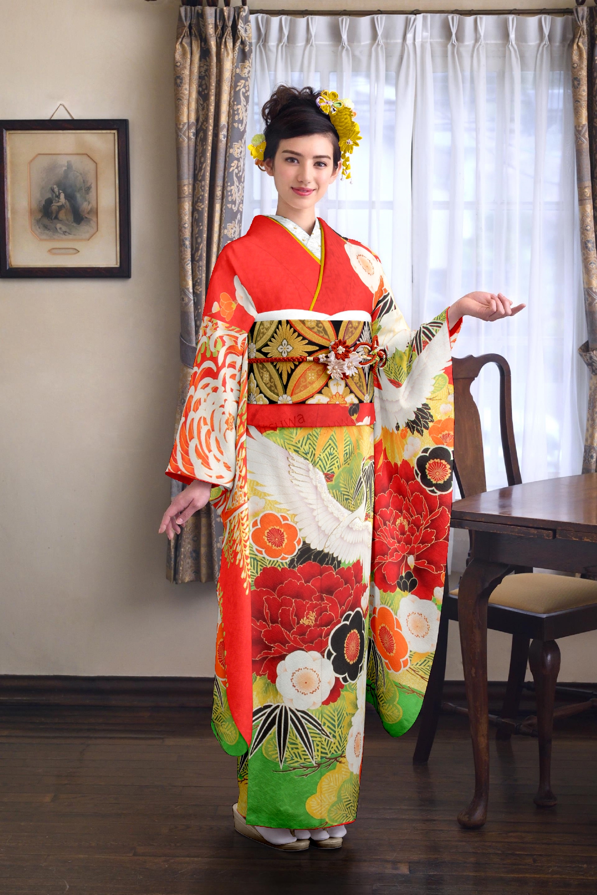 えんじ　鶴と牡丹と松竹梅