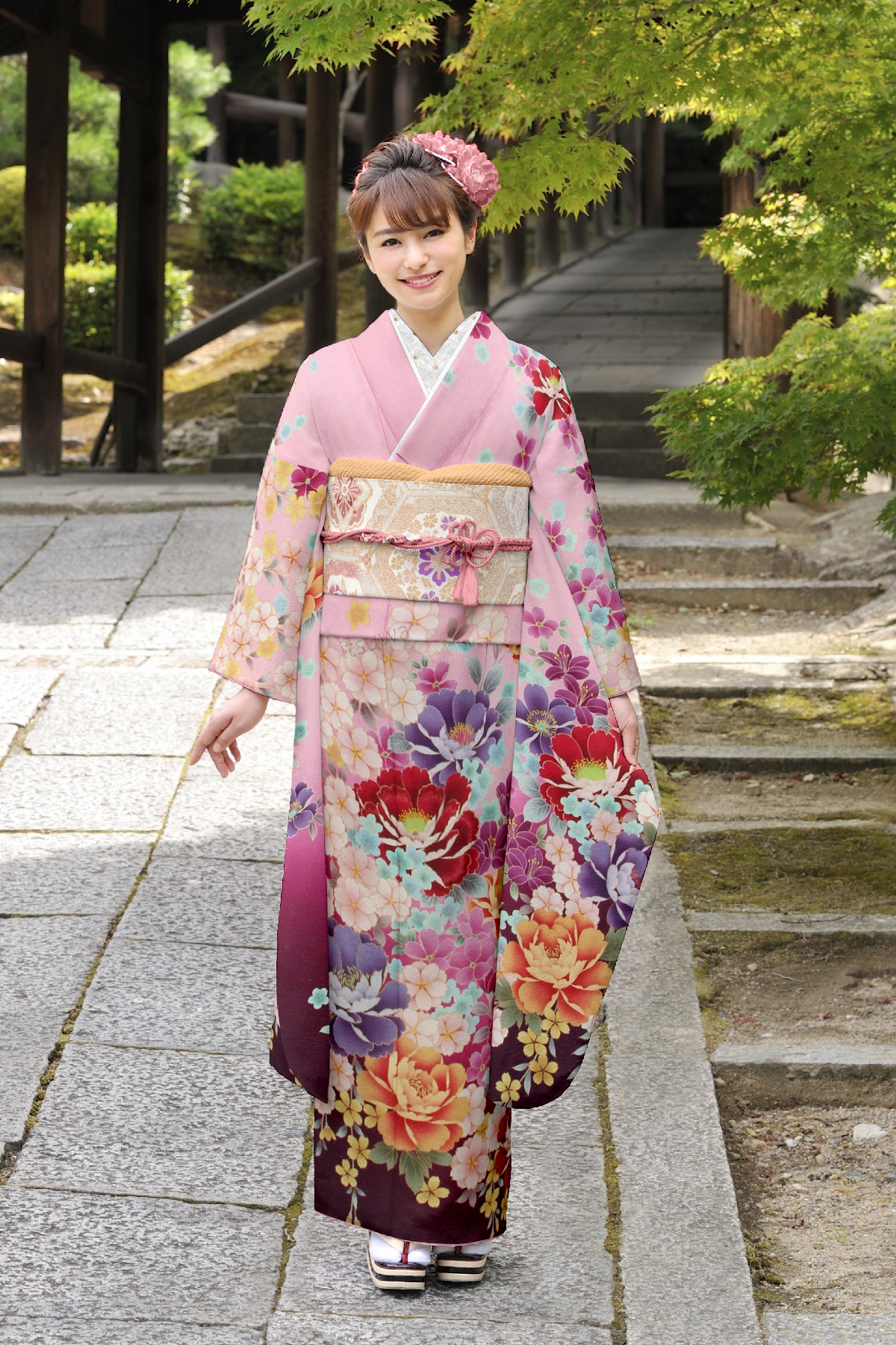 ピンク　八重桜と牡丹