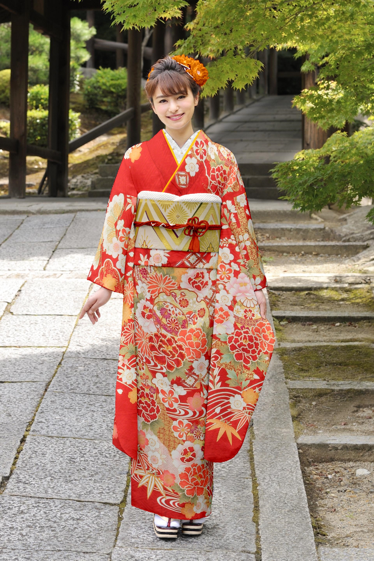 えんじ　雪輪と毬と牡丹