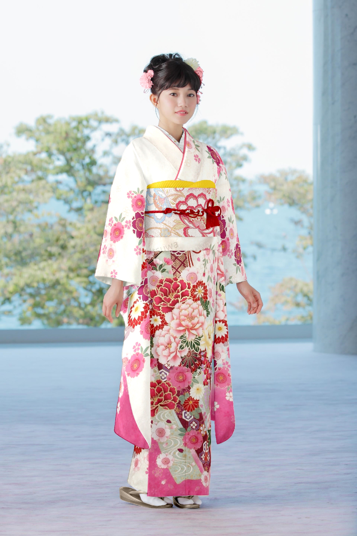 白地にピンク　几帳に花車