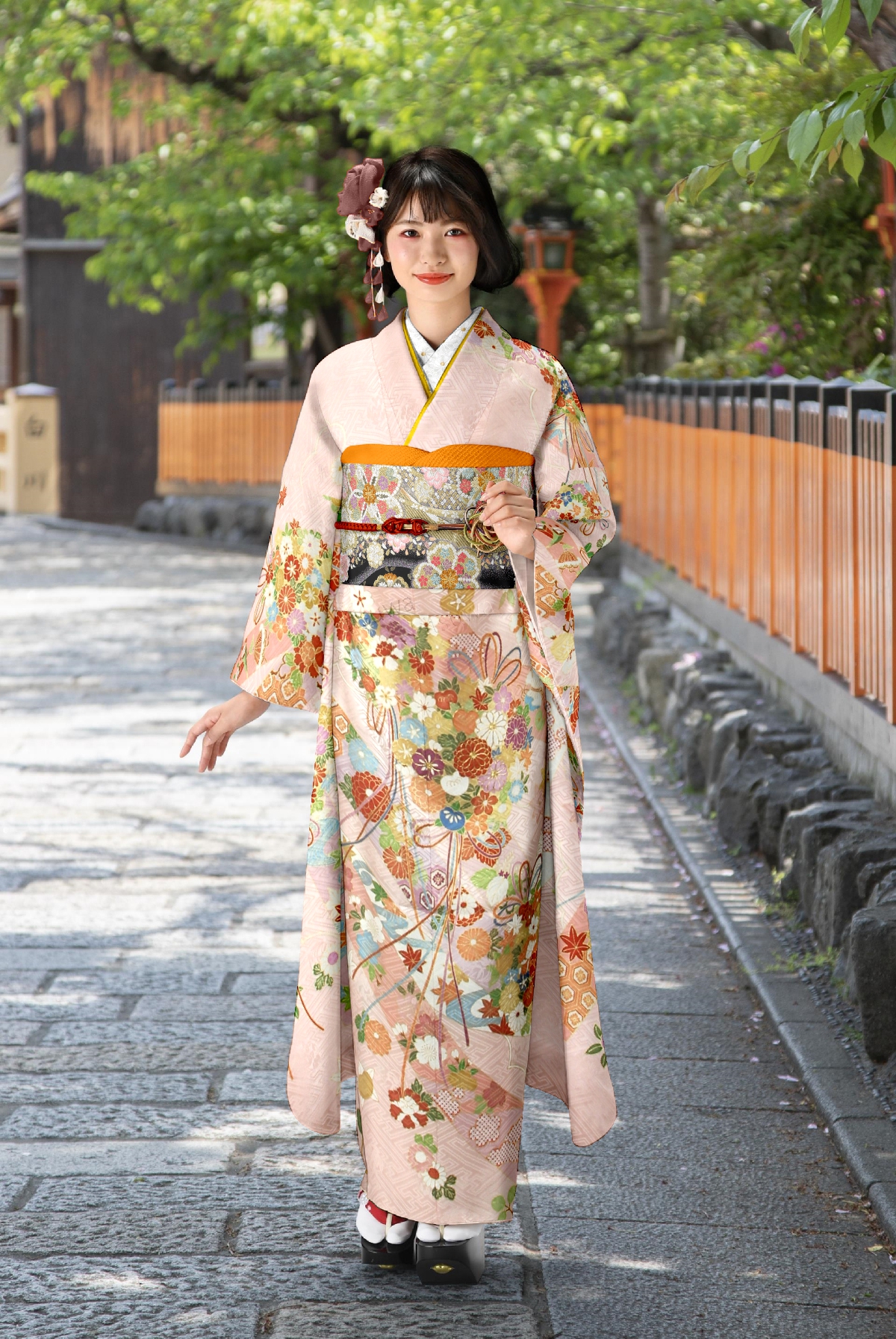 ピンクに紗綾型　熨斗と花玉